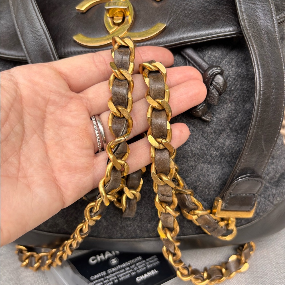 Authentic CHANEL tweed leather black khaki backpack - Picture 11 of 15